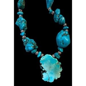 Vintage Turquoise Necklace Statement Piece, Southwestern, Beaded, 24 Inch
